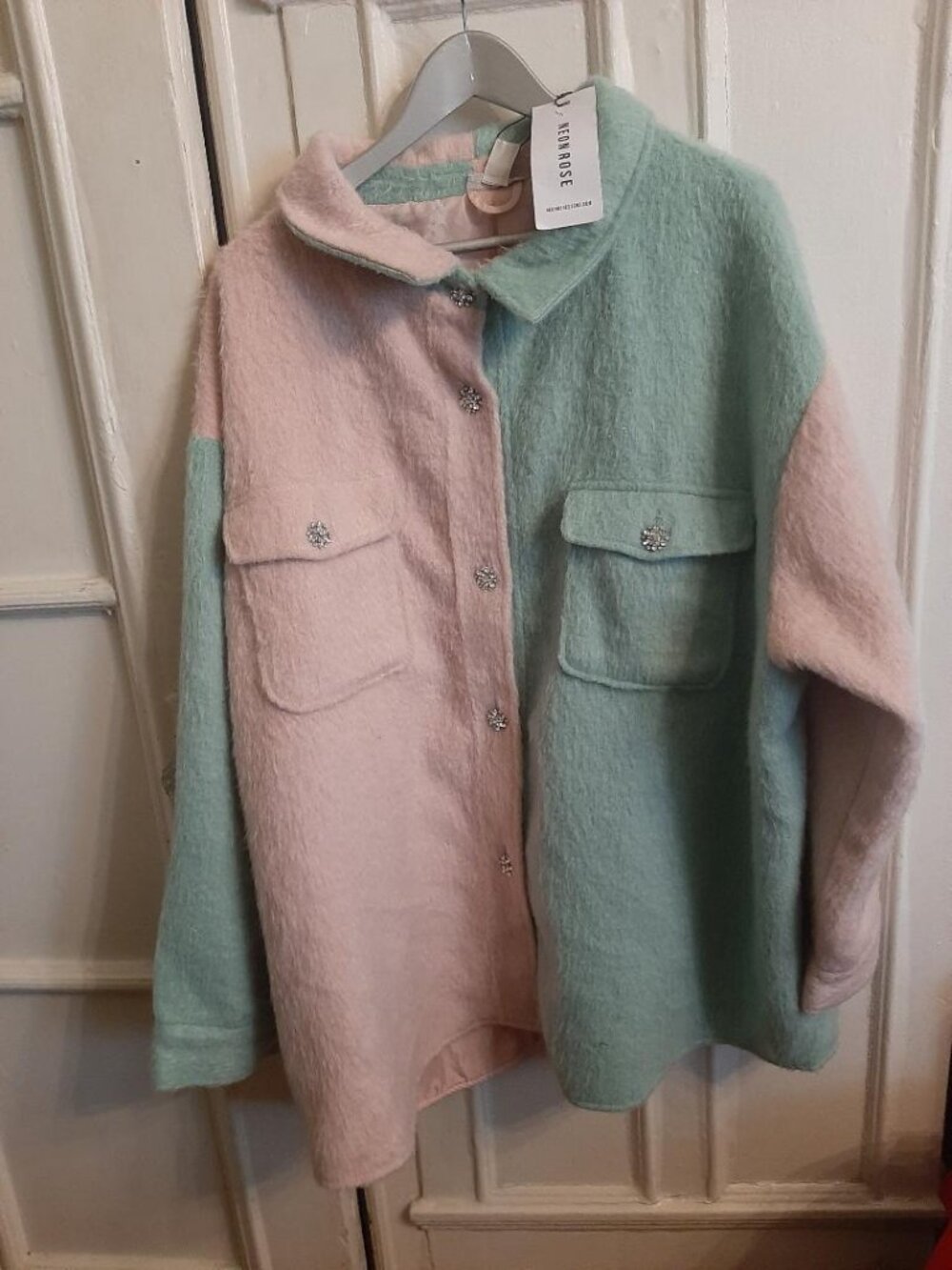 Neon Rose New Green & pink j colorblock acket with rhinestone buttons,  size 26